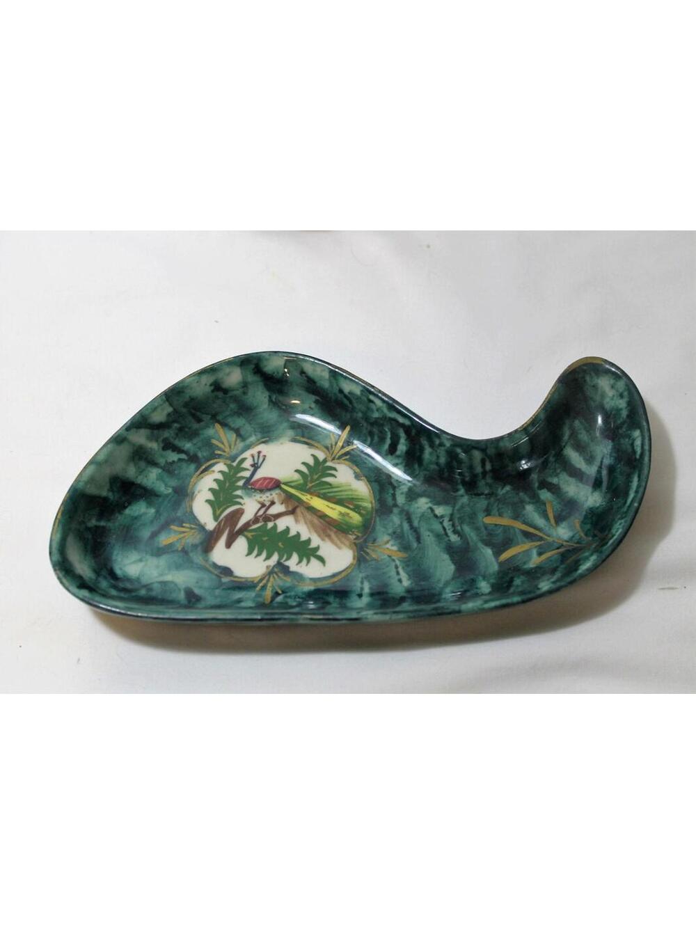 Majolica Peacock Ewer Vase and Trinket Dish with Hand Painted Peacock - Picture 2 of 5